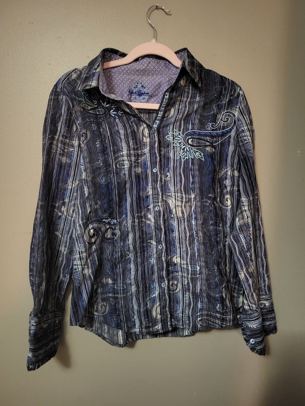 Robert Graham Purple Striped Embroidered Button-Down Shirt Small Paisley